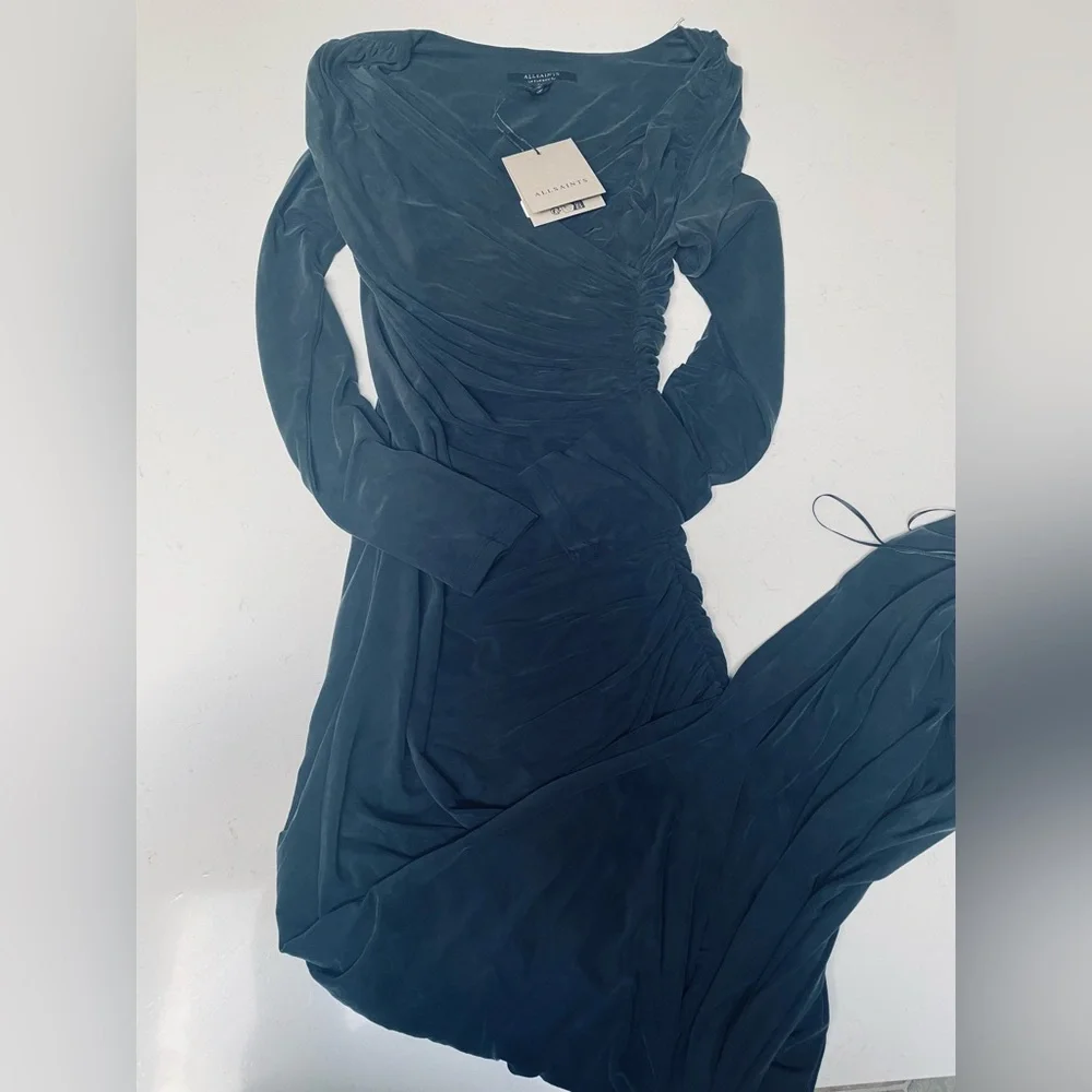 🆕 All Saints Hanako Long Sleeve Ruched Dark Gray Asymmetrical Dress 8UK (4US) - Picture 8 of 16